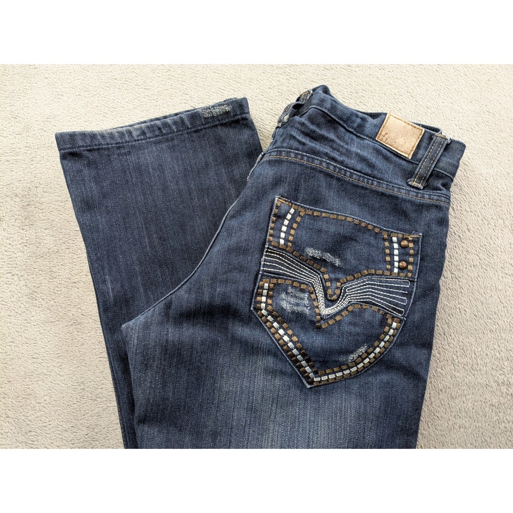 Nostic Mens Dark Wash Distressed Embroidered Straight Leg Jeans 32x32 NC8403CP